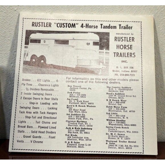 Rustler Horse Trailers Vintage Print Ad Bristol Indiana 4 Horse Tandem Trailer - Picture 1 of 6